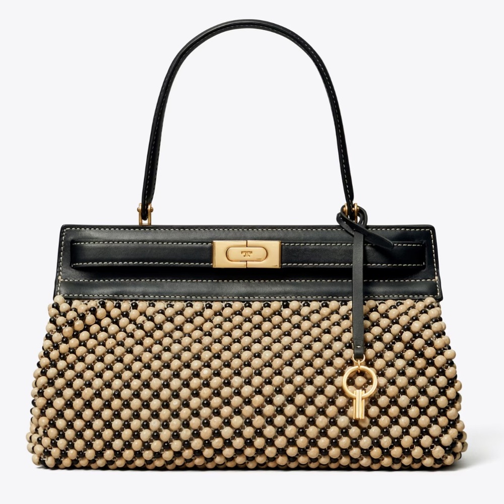 TORY BURCH LEE RADZIWILL BEADED SMALL BAG BLACK LEATHER TRIM/SHOULDER STRAP
